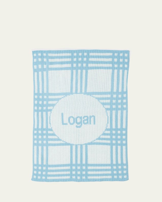 Personalized Plaid Knit Baby Blanket, Light Blue